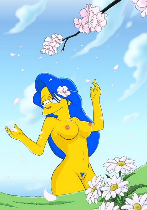 образ Мардж в жанре аниме с цветами сакуры в волосах, рисованная эротика с Мардж Симпсон