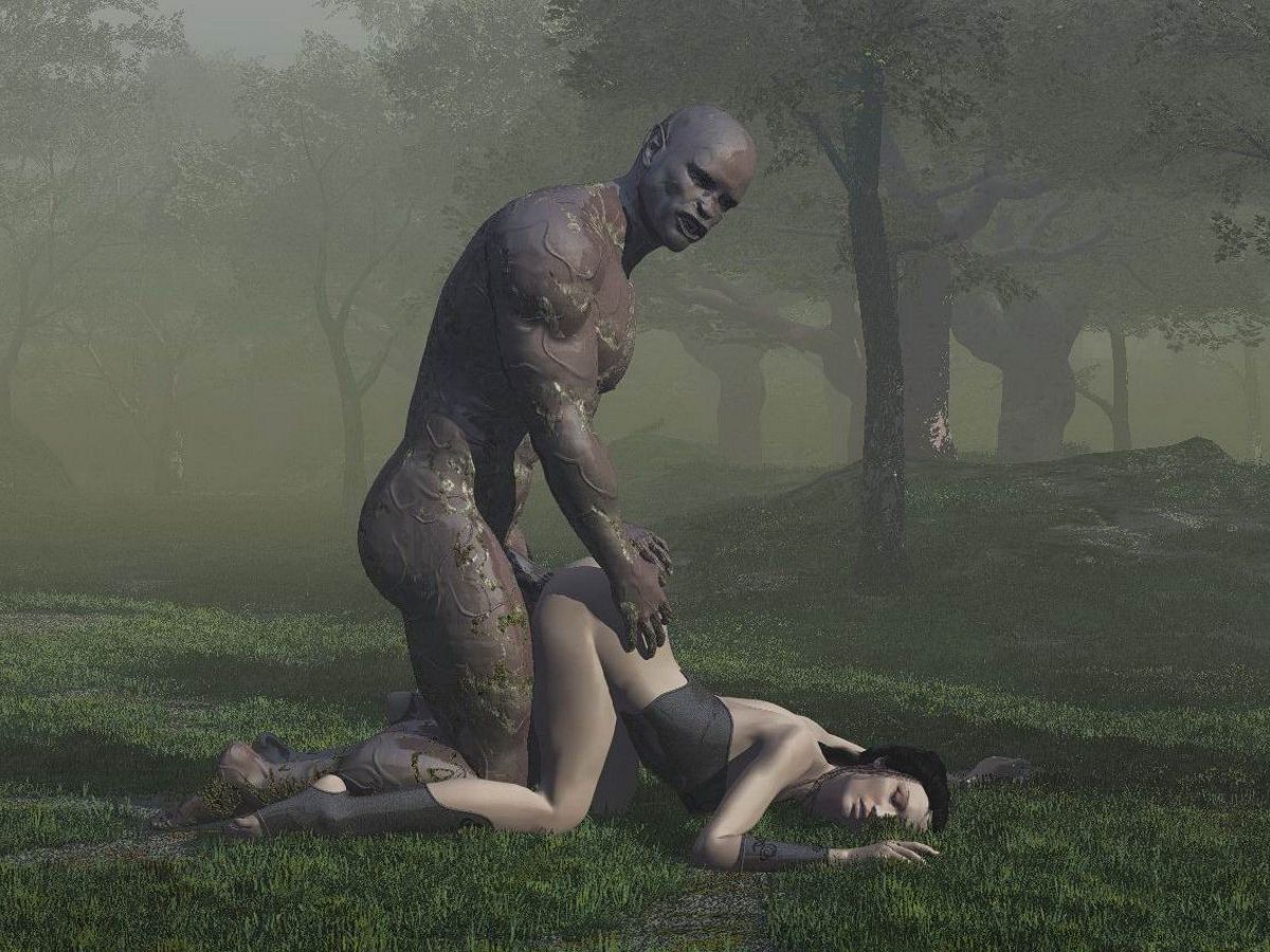 порно с монстрами, оживший мертвец трахает на траве девушку в позе для секса по-собачьи  