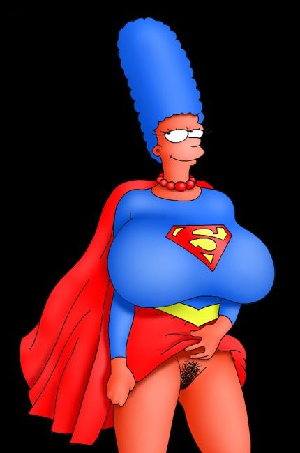Симпсоны эротика, сисястая Мардж Симпсон в костюме супергероя для сексуальных игр показывает волосатый лобок