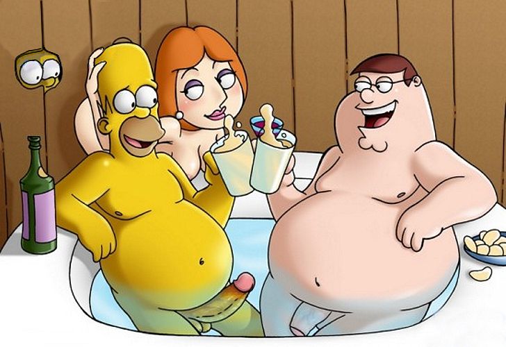 Симпсоны эротика, Гомер Симпсон в гостях у Гриффинов пьет пиво сидя в ванне с Питером, а голая Лоис Гриффин прижимается к нему большими сиськами