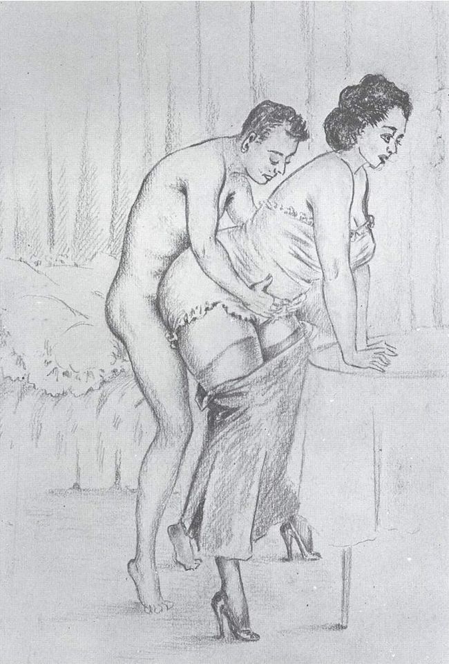 секс с пышной зрелой женщиной в позе стоя сзади, рисунок пышной женщины