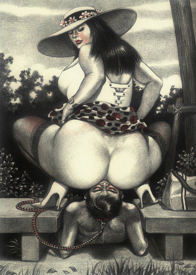 толстая голая дама сидит на корточках на лице лежащего между двух скамеек мужчины