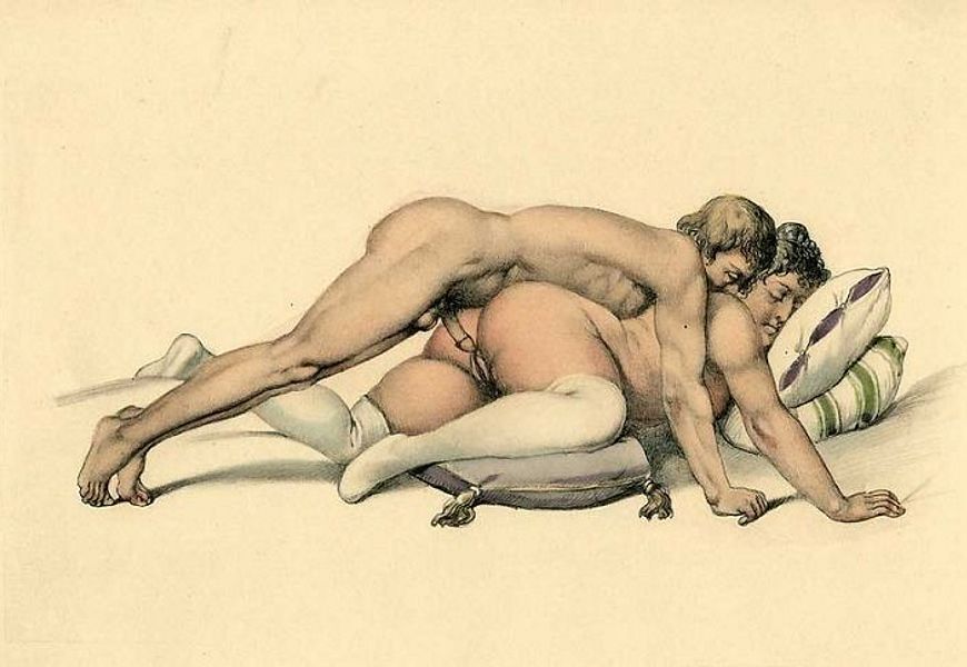 мужчина пристраивается сзади к лежащей на животе толстой зрелой женщине, старинная гравюра