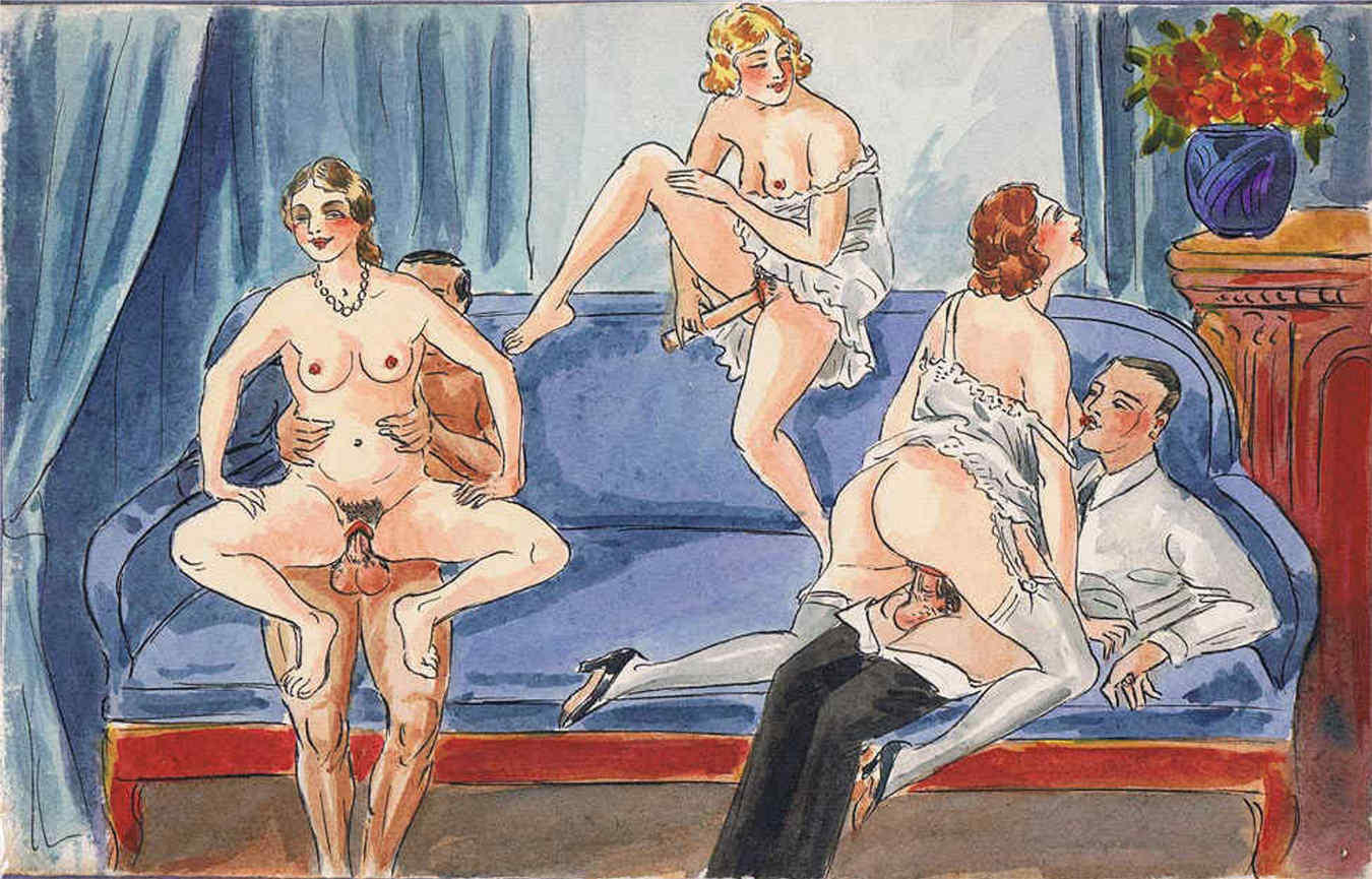 три дамы с кавалерами на диване, эротический цветной рисунок