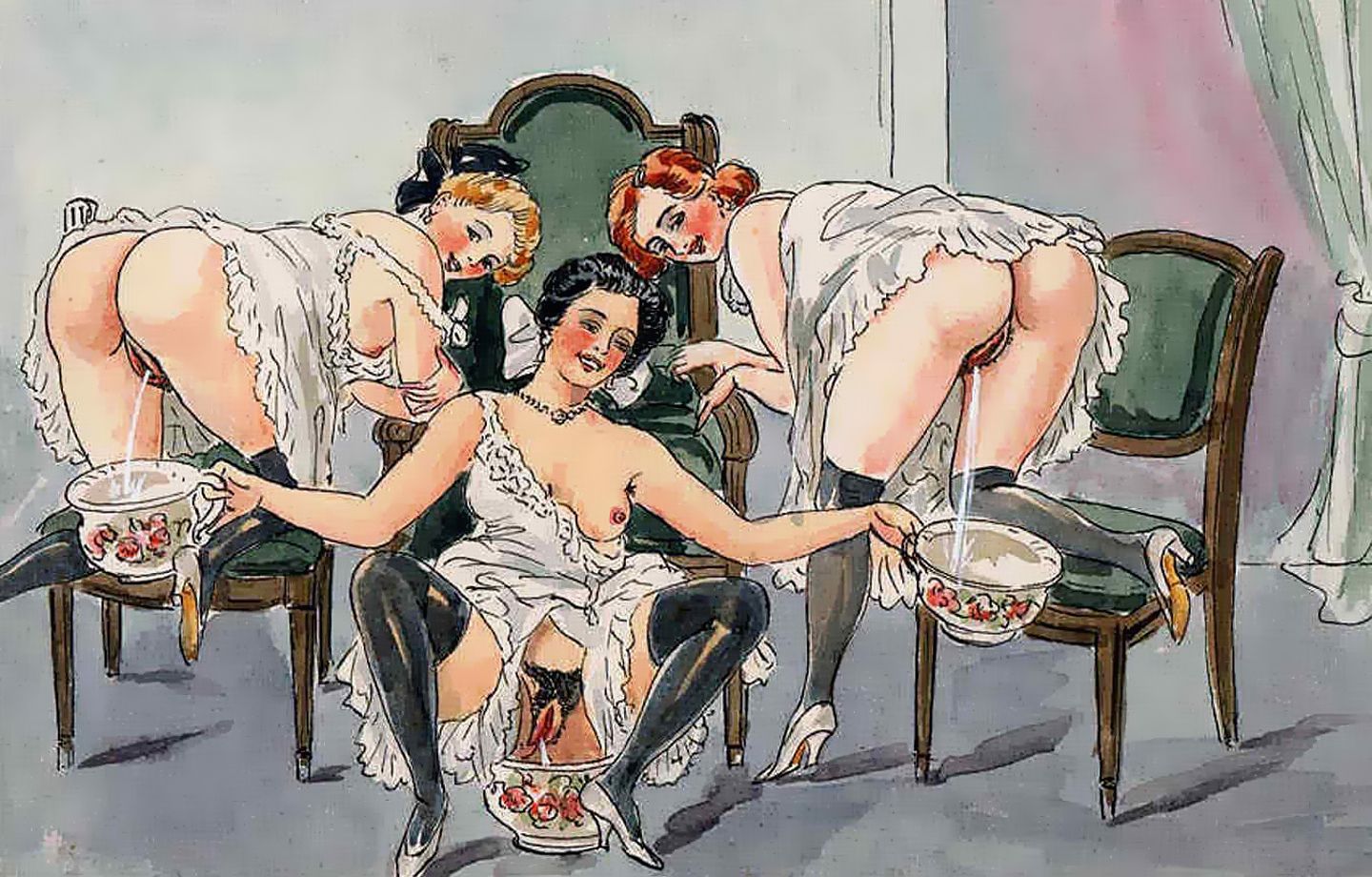 три дамы писающие в ночные вазы, эротический цветной рисунок
