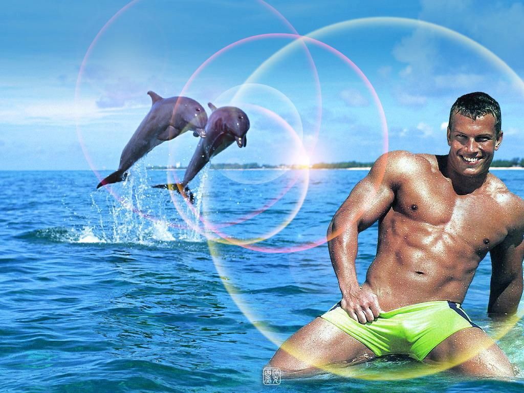 мужчина в плавках купается с дельфинами