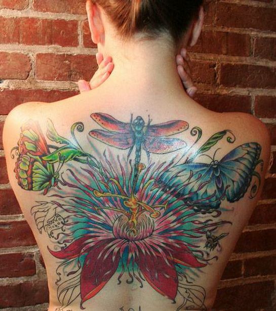 бабочки и стрекозы на всю спину, женская татуировка фото